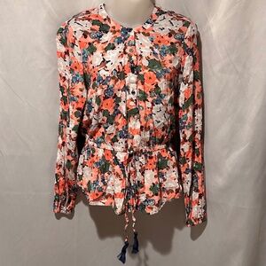 Womens Peach Blue Floral Boho Blouse Size Small